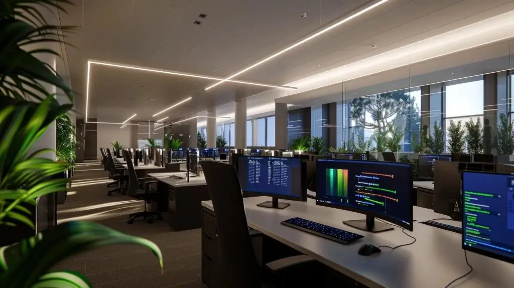 a sleek, modern office space features multiple computer screens displaying cybersecurity dashboards, showcasing real-time threat intelligence and compliance data, illuminated by soft, focused lighting that emphasizes the tools used to mitigate digital vulnerabilities.