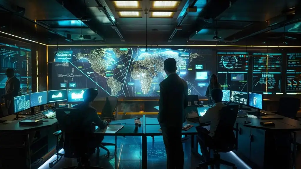 a sleek, modern office space with a team of professionals engaged in a strategic security meeting, surrounded by digital maps and incident response tools, illuminated by bright, focused overhead lighting.