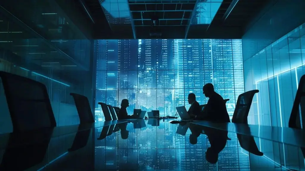 a sleek, modern office space showcases a digital display featuring the nist cybersecurity framework, with professionals engaged in a dynamic discussion around a large conference table, embodying the essence of strategic cybersecurity advancements.