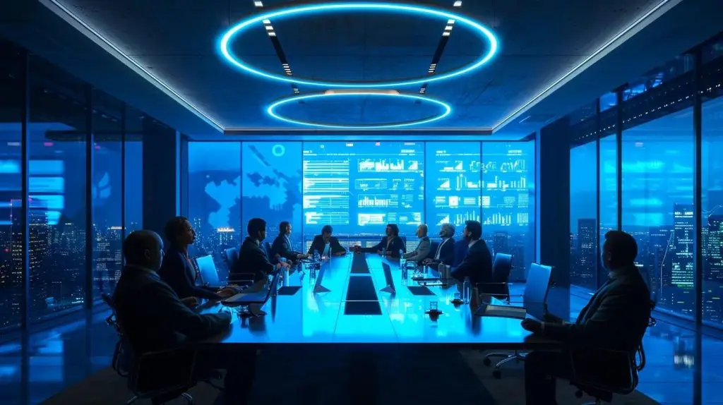 a sleek, modern office space features a large conference table surrounded by professionals engaging in a vibrant discussion on security compliance frameworks, with digital displays showcasing dynamic charts and frameworks illuminating the room in blue tones.