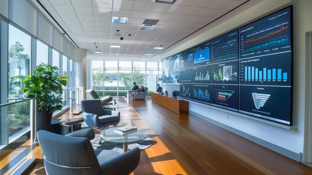 a sleek, modern office space showcases a dynamic digital dashboard displaying real-time cybersecurity metrics, with a thoughtful vciso consultant engaged in a strategic discussion, highlighting the importance of continuous security posture monitoring.