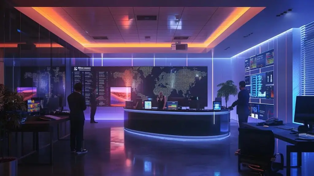 a sleek, modern office space is bustling with activity as professionals engage in discussions around digital security compliance, with prominent displays of data analytics and compliance charts illuminating the room's strategic atmosphere.