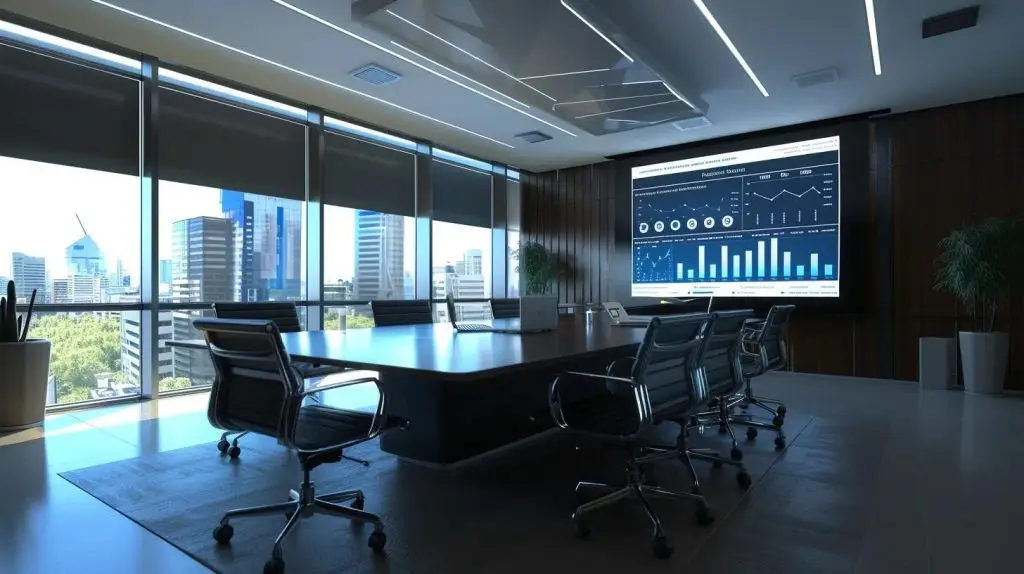 a sleek, modern office space features a large digital screen displaying a cybersecurity dashboard, with focused professionals collaborating around a high-tech conference table, emphasizing the urgent theme of eradicating digital threats and securing business operations.