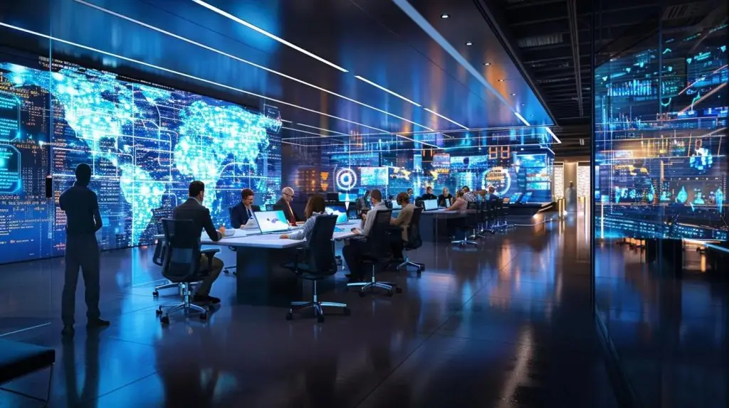 a sleek, modern office space features a diverse team of professionals actively engaged in a dynamic cybersecurity strategy meeting, surrounded by digital screens displaying real-time security data and analysis.