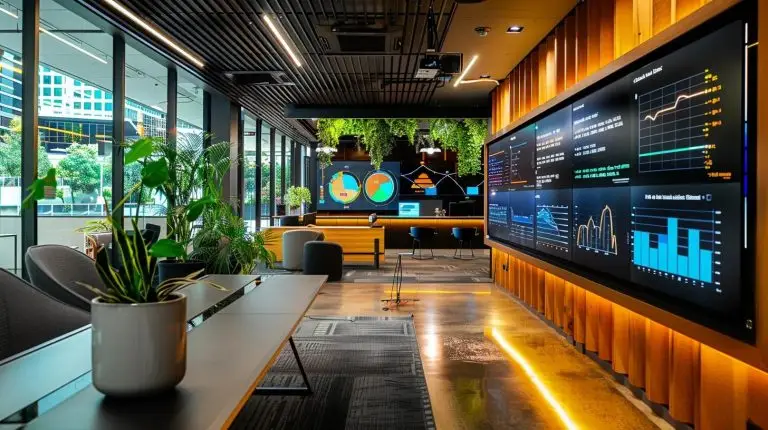 a sleek, modern office space in brisbane features a high-tech security dashboard, illuminated by ambient lighting, showcasing data analytics and cybersecurity metrics to emphasize the importance of vciso services in safeguarding digital assets.