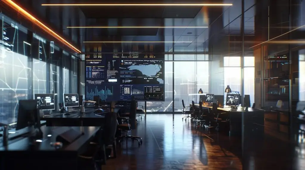 a sleek, modern office space is filled with professionals engaged in a high-stakes cybersecurity strategy session, illuminated by dynamic screens displaying real-time data and threat assessments, emphasizing the urgency and precision required for breach management.