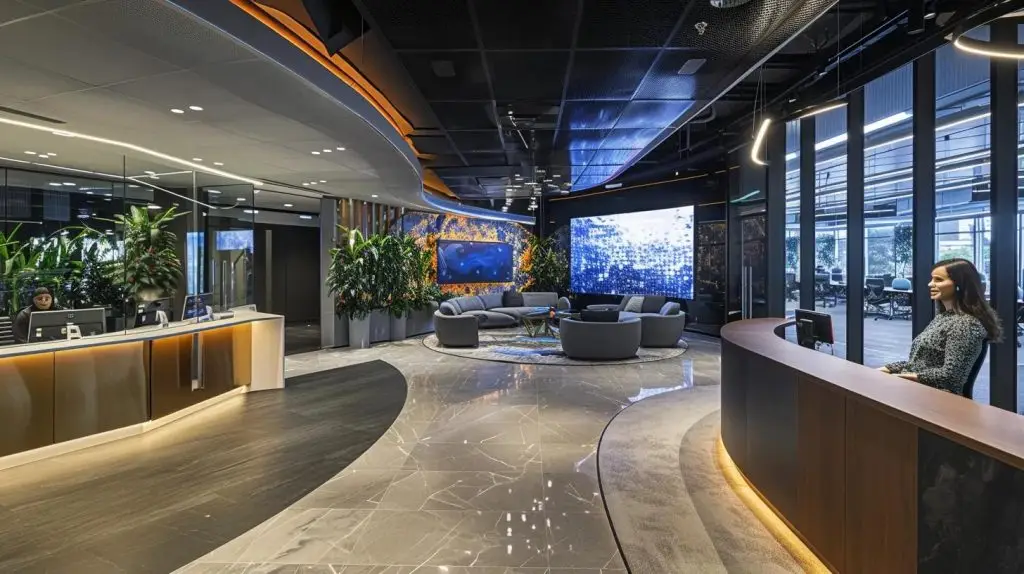 a sleek, modern office space in brisbane showcases a diverse team of professionals engaging in an animated discussion around a digital display of cybersecurity trends, with futuristic graphics illuminating the room.