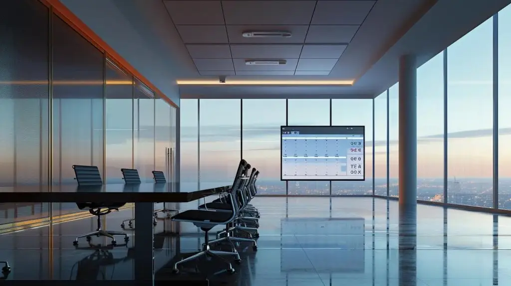 a sleek, modern office space features a large screen displaying a dynamic financial comparison chart, highlighting the cost-effectiveness of vciso services versus traditional ciso hiring, with professionals engaged in strategic discussion around a polished conference table.