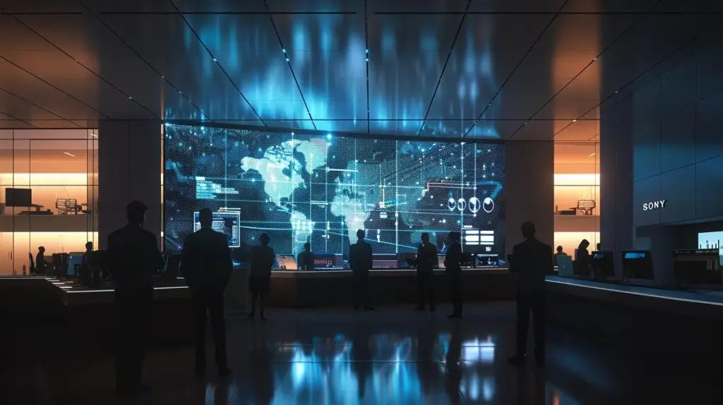 a sleek, modern office space is filled with professionals engaged in a strategic discussion around a large digital screen displaying a dynamic risk assessment matrix, illuminated by focused overhead lighting that emphasizes their serious expressions and collaborative atmosphere.