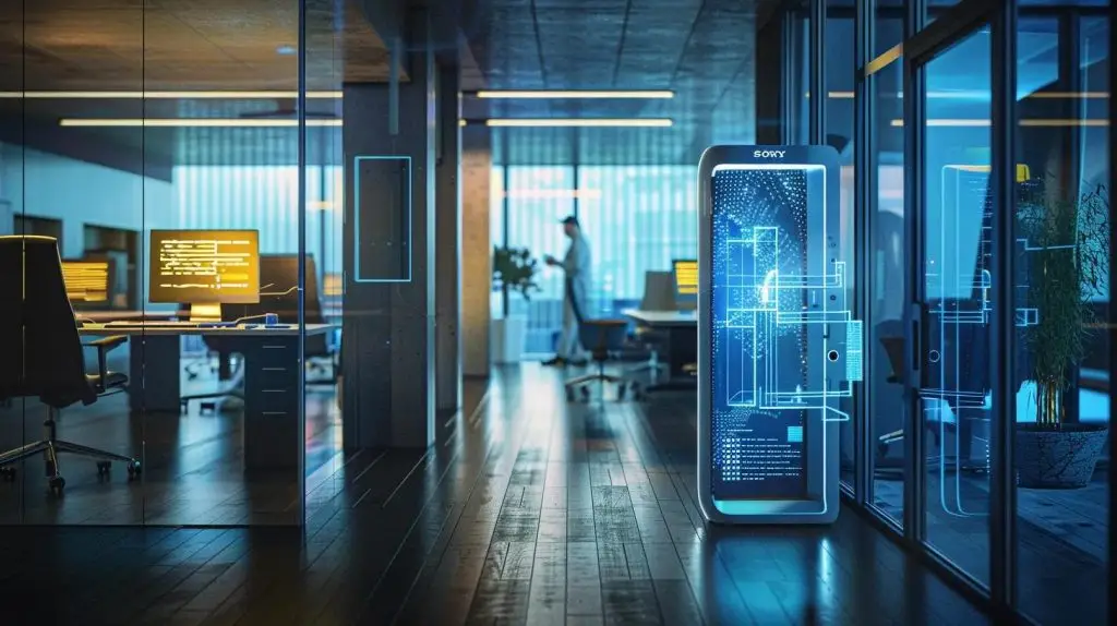 a sleek, modern office with high-tech security measures, featuring a glowing biometric scanner and a digital display showing real-time access logs, emphasizing robust access control and authentication for safeguarding sensitive information.