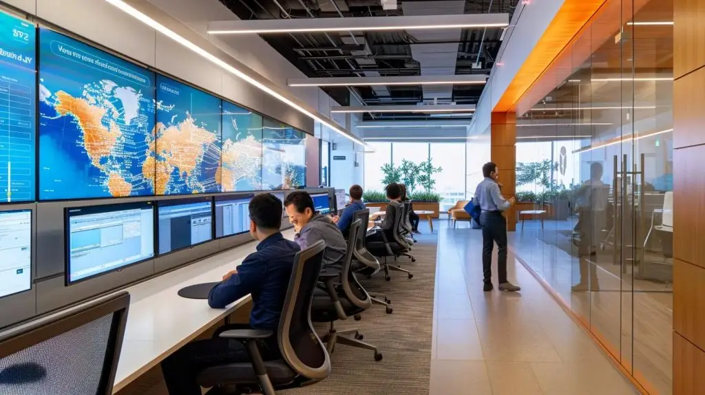 a sleek, modern office with a vibrant team of cybersecurity professionals engaged in a strategic meeting, highlighted by high-tech screens displaying data analytics and security protocols, emphasizing the benefits of localized support in crisis response.
