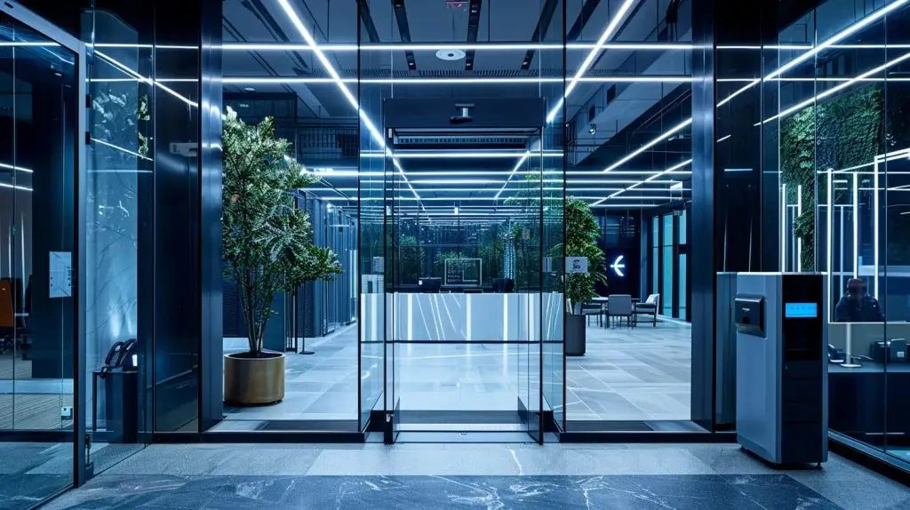 a sleek, modern office with glass walls and high-tech access control systems, featuring a biometric scanner prominently positioned at the entrance of a secure area, illuminated by bright overhead lights that enhance the futuristic atmosphere.