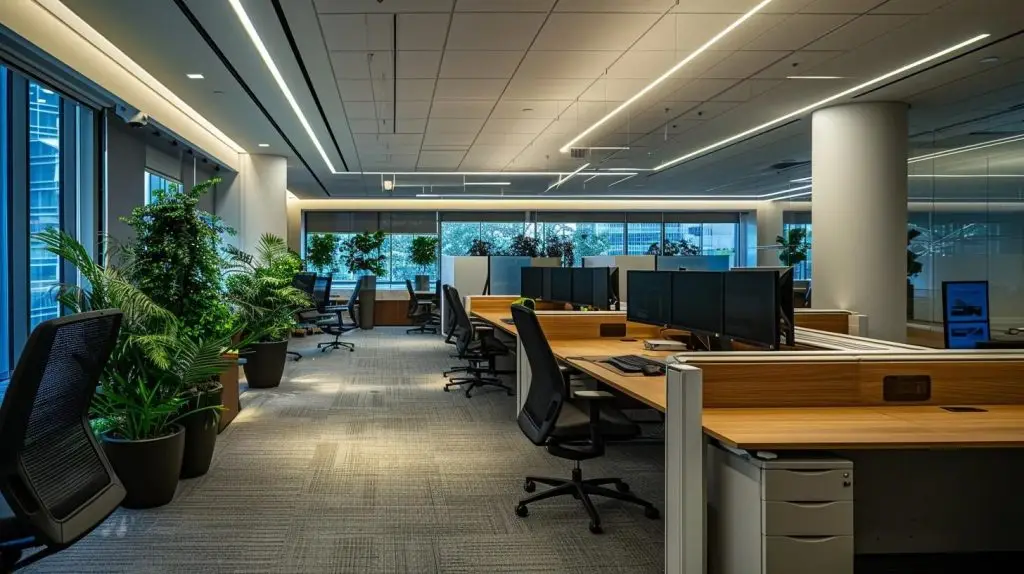 a sleek, modern office with multiple computer screens displaying complex cloud security dashboards, highlighting vulnerabilities and governance frameworks, illuminated by cool, artificial lighting that creates a focused work atmosphere.