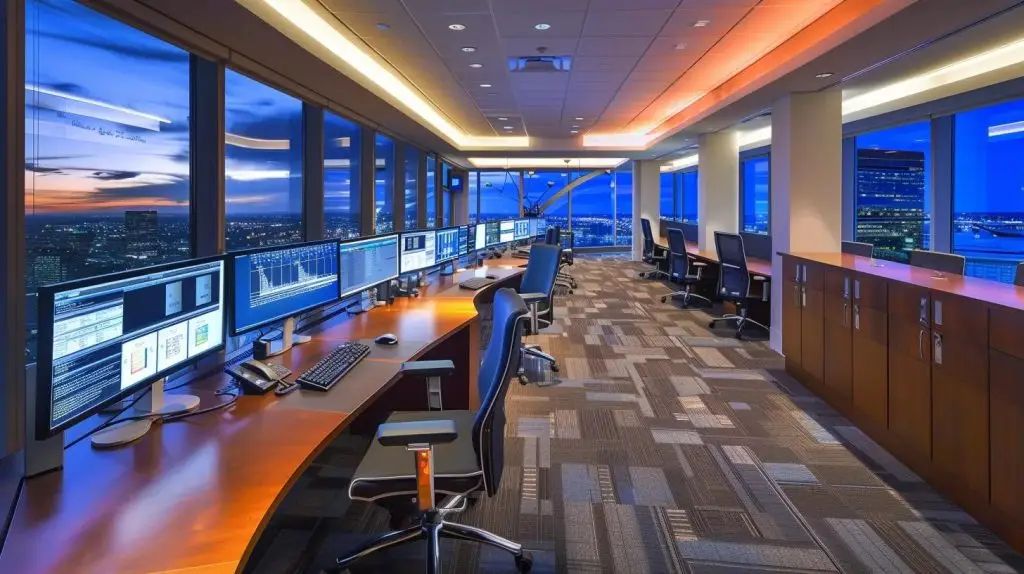 a sleek, modern office workspace showcases an array of high-tech computer screens displaying sophisticated data protection software interfaces, emphasizing seamless cloud integration and robust security features, all illuminated by dynamic, ambient lighting.