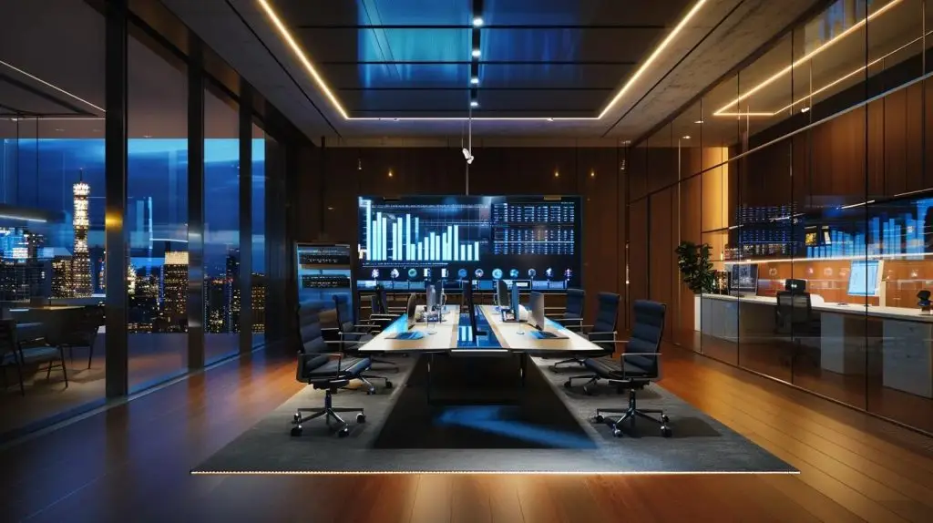 a sleek, modern office workspace is illuminated by dynamic holographic displays showcasing cybersecurity analytics, with focused professionals collaborating at a central table, embodying the strategic mastery of security compliance solutions.