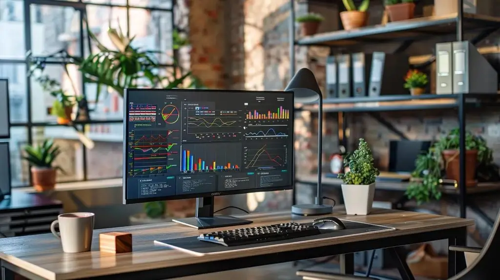 a sleek, modern office workspace showcases a futuristic computer setup with a vibrant digital interface displaying dynamic sql transaction graphics, emphasizing the intricate interplay of atomicity, consistency, isolation, and durability principles in database management.