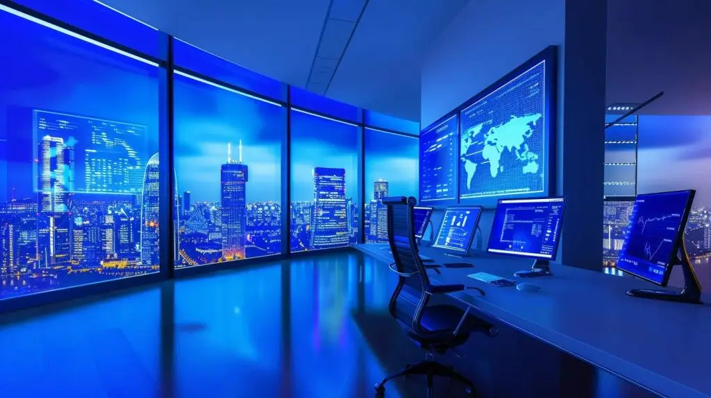 a sleek, modern office workspace features multiple computer screens displaying dynamic cloud security analytics, illuminated by ambient blue light, emphasizing the urgent need to address cloud security threats.