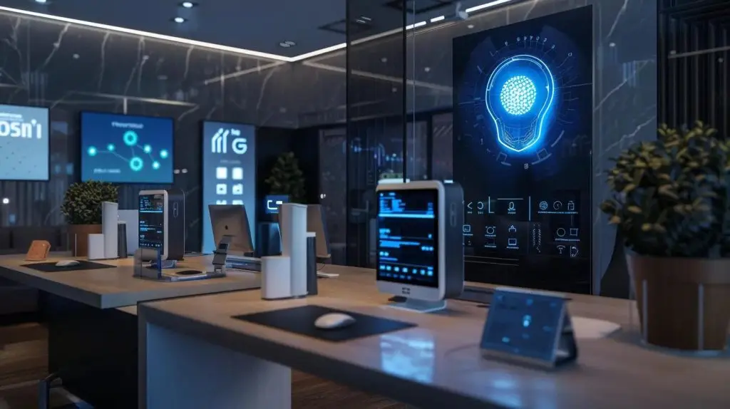 a sleek, modern office workspace features diverse secure user authentication methods on display, including biometric scanners, token devices, and passwordless systems, with a digital interface illustrating multi-factor authentication processes on a high-tech monitor.