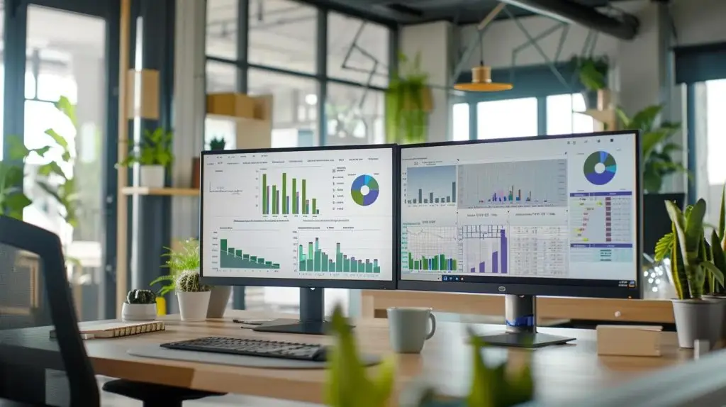 a sleek, modern office workspace filled with multiple monitors displaying vibrant sql server performance dashboards, surrounded by organized data management tools and analytics reports, emphasizing the integration of advanced it techniques for optimized business growth.
