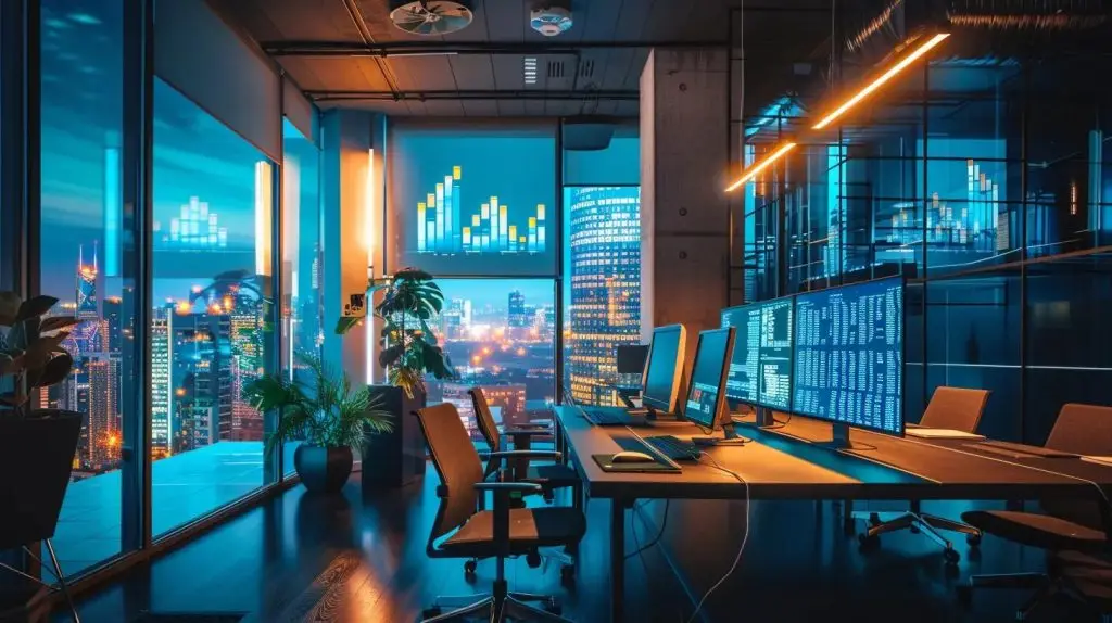 a sleek, modern office workspace is illuminated by the glow of multiple screens displaying cybersecurity analytics, emphasizing the strategic role of managed cybersecurity solutions in today's digital landscape.