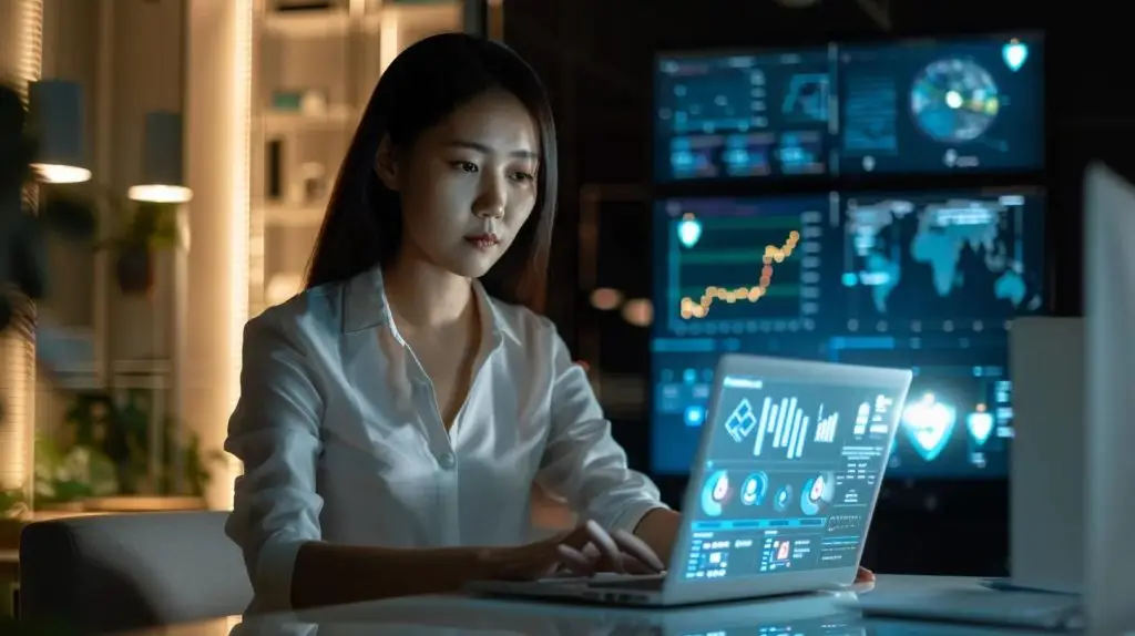 a sleek, modern office workspace bathed in soft artificial light showcases a thoughtful business owner analyzing cybersecurity needs on a laptop, surrounded by charts and data reports that highlight vulnerabilities and areas for improvement.