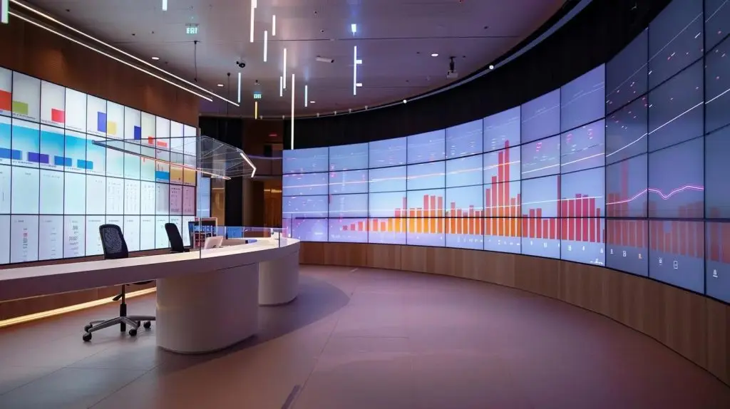 a sleek, modern office workspace featuring an array of high-tech risk management tools displayed on multiple screens, with strategic graphs and data analytics lighting up their surfaces, creating an atmosphere of innovation and proactive strategy.