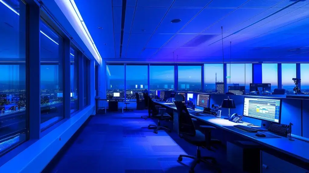 a sleek, modern office workspace is illuminated by dynamic blue lighting, showcasing multiple computer screens displaying cybersecurity monitoring dashboards, emphasizing a focused team of professionals collaborating to fortify digital defenses against cyber threats.