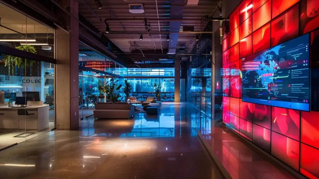 a sleek, modern office workspace is dominated by an imposing computer screen displaying vibrant data protection software analytics, bathed in dramatic, focused lighting that emphasizes the high-tech atmosphere.