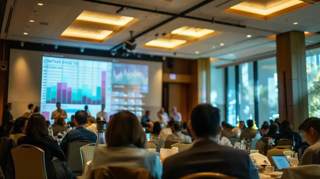 a sophisticated conference room setting with a large digital screen displaying real-time risk analytics alongside engaged executives discussing strategic planning, illuminated by modern lighting that positions the focus on their collaborative risk management efforts.
