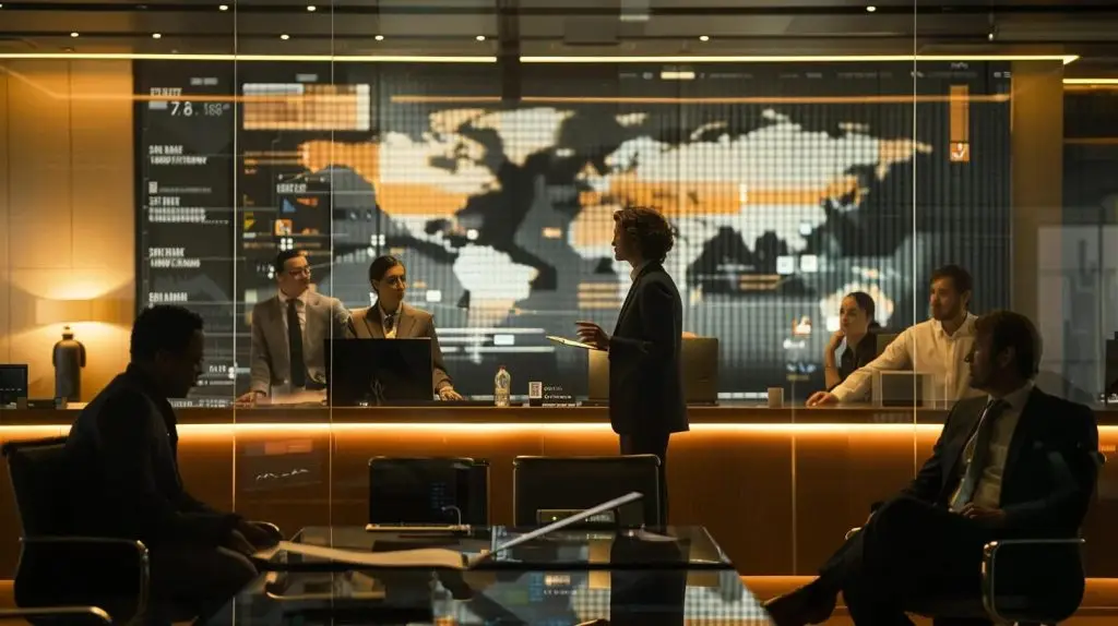 a sophisticated office environment showcases a diverse team engaged in a dynamic discussion around a large digital display illustrating network security compliance regulations, with sleek data visualizations and a modern, professional atmosphere.