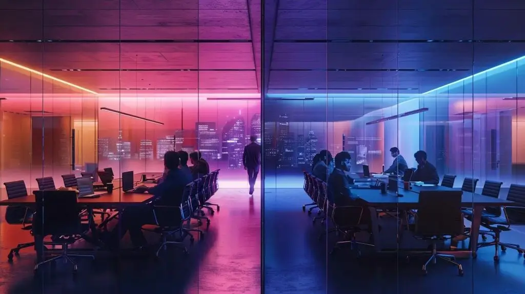 a stark juxtaposition showcases two contrasting corporate boardrooms: on one side, a sleek, well-lit space with confident executives discussing governance strategies surrounded by modern technology, and on the other, a dimly lit, chaotic office filled with stressed employees dealing with crisis management after a significant compliance failure.