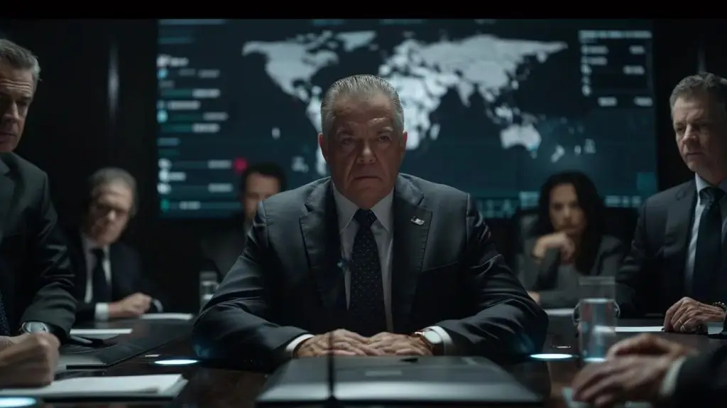 a tense boardroom meeting captures the weight of non-compliance, with grim expressions on leaders' faces as they discuss staggering fines and reputational fallout displayed on a sleek digital screen behind them.