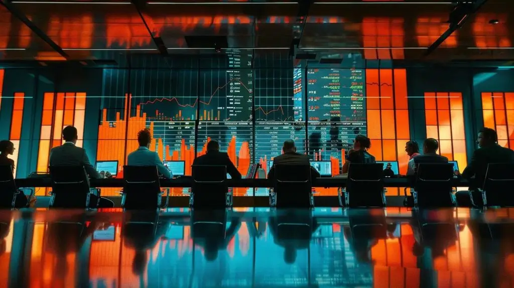a tense corporate boardroom filled with executives in formal attire, anxiously discussing a large digital screen displaying alarming graphs and statistics related to financial penalties and compliance breaches, illuminated by harsh overhead lighting.
