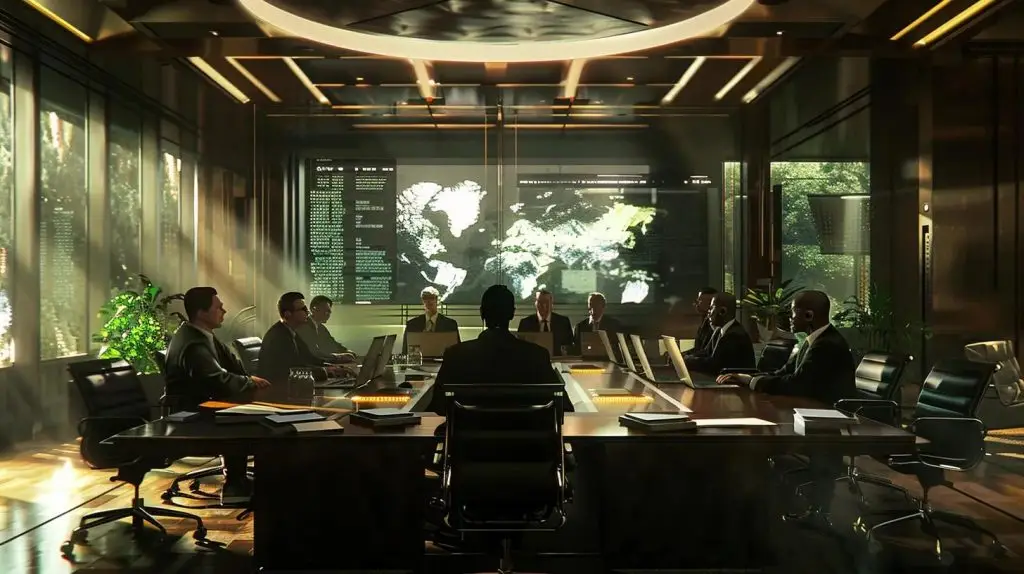 a tense corporate boardroom, illuminated by harsh overhead lights, showcases a group of worried executives engaged in a heated discussion over digital compliance risks on a large screen displaying alarming security breach reports.