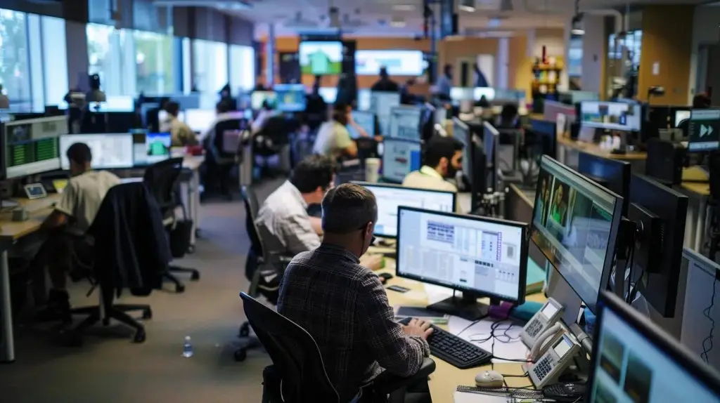 a tense office environment is highlighted, showing a group of professionals intensely monitoring multiple screens displaying alarming data breach alerts and chaotic notifications, encapsulating the urgency and seriousness of an ineffective incident response plan.