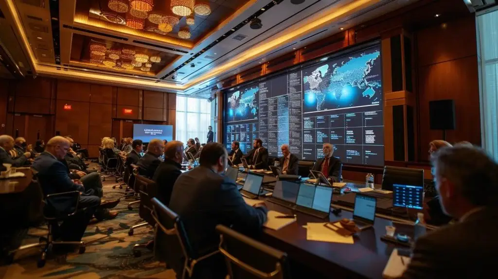 a well-organized conference room filled with professionals engaged in a focused discussion, centered around a large screen displaying a detailed compliance report, emphasizing the importance of effective communication and actionable insights in internal auditing procedures.