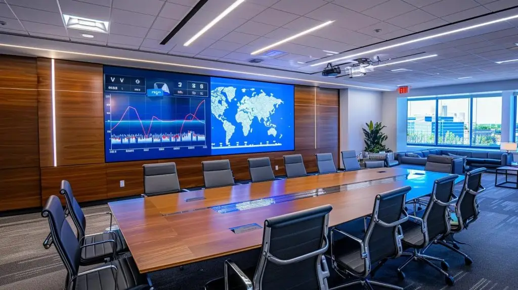 an elegantly designed office conference room showcases a diverse team engaged in a dynamic discussion over a large screen displaying data analytics, emphasizing the cost-effectiveness of fortinet solutions as a strategic business advantage.