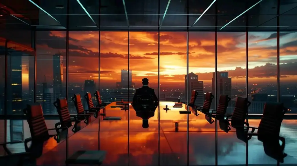 an executive in a sleek, modern office confidently leads a focused team meeting, surrounded by digital displays showcasing security compliance data and strategic frameworks, all illuminated by ambient lighting that accentuates the high-tech atmosphere.