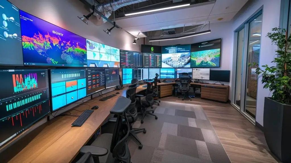 an immersive office setting showcases a data analyst intently monitoring vibrant performance metrics on multiple screens, symbolizing the strategic implementation of sql server performance tools for optimal results.