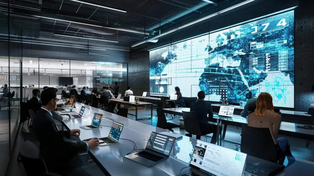 an imposing, modern office space features a large presentation screen displaying a cybersecurity vulnerability diagram, while a diverse group of focused professionals engages in a dynamic discussion about security compliance strategies, with sleek technology and digital data visuals subtly integrated into the backdrop.