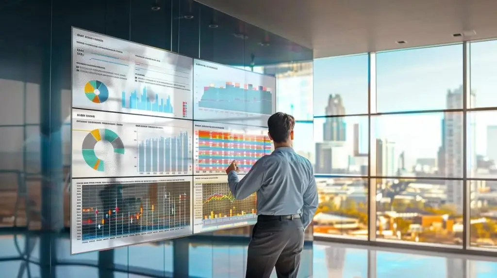 in a sleek modern office, a focused business professional analyzes a digital dashboard filled with colorful graphs and metrics, illustrating the effectiveness of risk management compliance strategies against a backdrop of floor-to-ceiling windows showcasing a bustling city skyline.