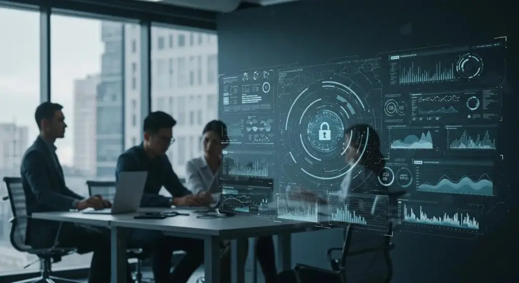 a sleek, modern office space showcases a digital security dashboard displaying multiple layers of data protection metrics, surrounded by professionals engaged in a collaborative discussion on enhancing cybersecurity measures.