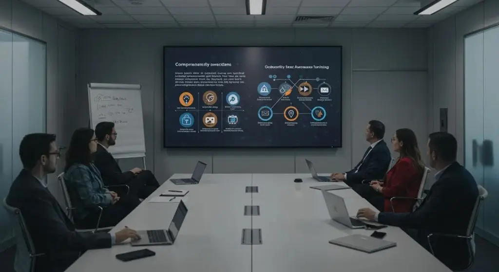 a modern conference room is vividly illuminated, showcasing a large digital screen displaying engaging infographics on comprehensive security awareness training programs, surrounded by sleek, minimalist furniture and an attentive audience of diverse professionals.