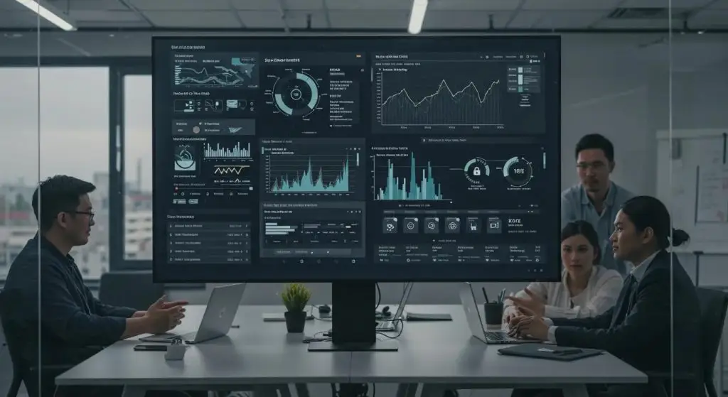 a modern office environment displays a large digital dashboard filled with real-time analytics and alerts, highlighting cloud security vulnerabilities like misconfigurations and weak encryption, while a group of focused cybersecurity professionals engage in a dynamic strategy session to address these challenges.