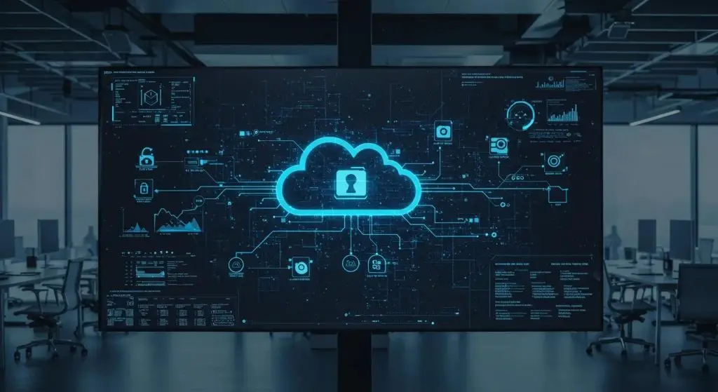 a sleek, modern office environment features a large screen displaying intricate cloud security diagrams, illuminated with professional lighting that emphasizes the advanced technology of data protection systems.