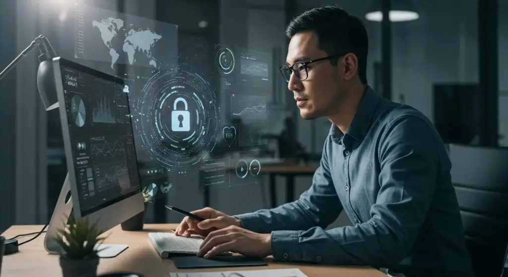 a modern office environment showcases a confident business professional analyzing data security protocols on a sleek computer screen, surrounded by digital security diagrams and charts that emphasize the theme of foundational security measures for protecting business data.