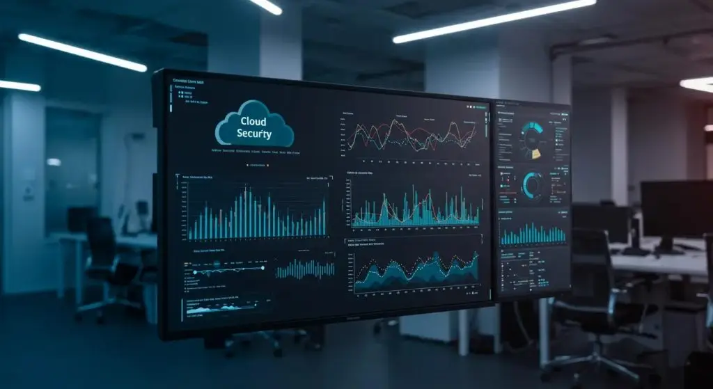 a high-tech office environment features a sleek digital dashboard displaying real-time cloud security analytics, illuminated by vibrant led indicators, emphasizing the importance of robust security measures in safeguarding infrastructure.