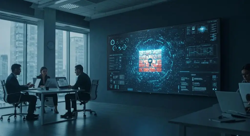 a sleek, modern office environment features a glowing digital firewall interface displayed on a large screen, surrounded by cybersecurity professionals engaged in dynamic discussions and strategizing on protecting vital network infrastructure against cyber threats.
