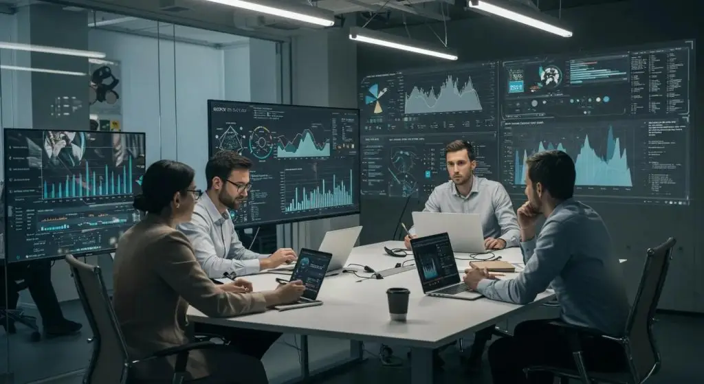 a modern office environment showcases a diverse team of professionals engaged in a collaborative meeting, with digital screens displaying complex data security compliance metrics and regulatory frameworks, highlighting the importance of network security adherence.