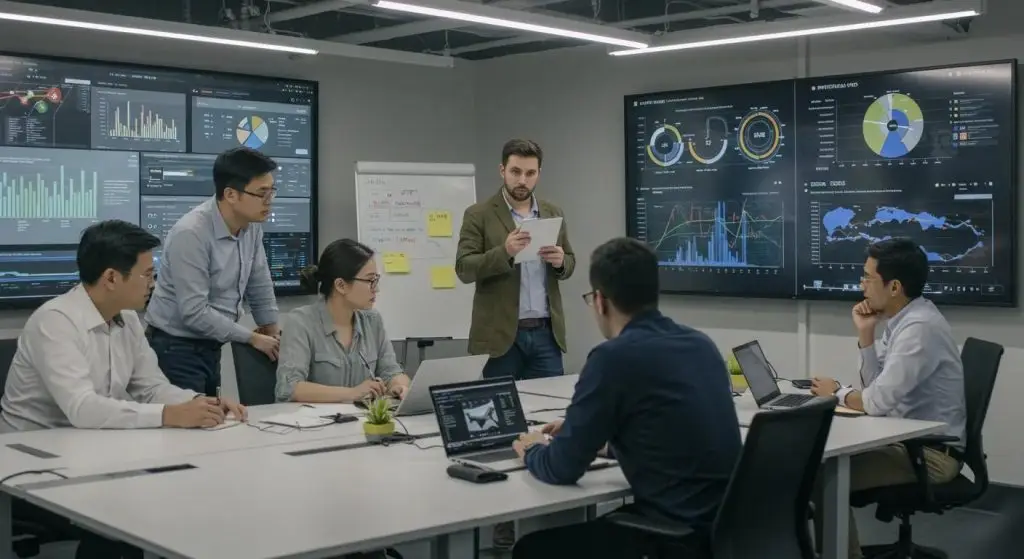 a dynamic office setting features a diverse group of employees engaged in a collaborative training session, surrounded by digital displays showcasing metrics and graphs that highlight the effectiveness of security awareness training programs.